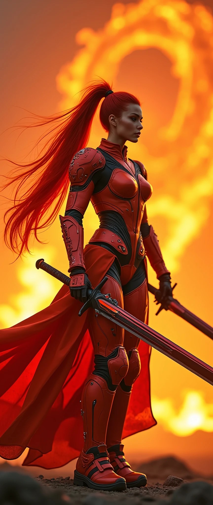 In a cinematic Cowboy Shot framing, a majestic woman dons armored core-style ninja robot flame red and orange armor, her bright red hair flowing like flames in a long ponytail down her back. Against the fiery backdrop of a red battlefield, where a translucent dragon crafted from summoned flames takes shape. She stands poised, grasping a massive sword with both hands, ready for battle. Her cyberpunk-tinged armor glows with electronic vitality, while her detailed face and body radiate a sense of intensity. Hair blown back by the wind, she embodies the essence of a Flame Ninja, prepared to unleash a dynamic display of combat prowess, complete with flashy special move effects that illuminate the smoldering landscape.