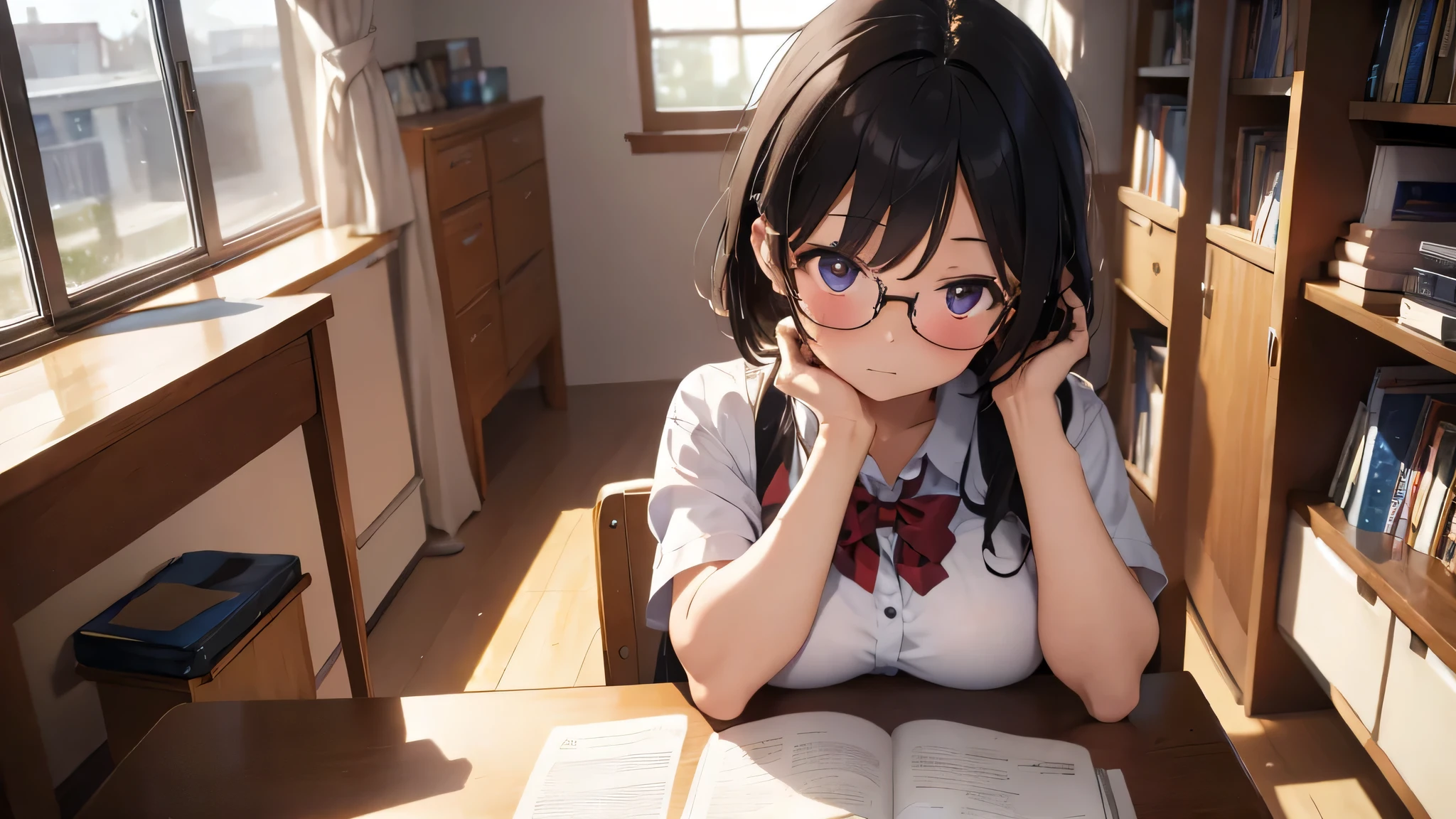 masterpiece, top-quality, High-quality images, high resolution, 8K, 1 student, solo, detailed, Detailed eye depiction, skin gloss, school uniform, large breast, Lustrous hair, Black short-haired, disheveled hair, Round glasses, Narrow old room, many bookshelves, studying, shy expression, blushing heavily, sitting at table, looking at viewer