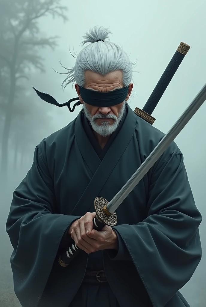 Blindfolded white-haired male character holding a katana.