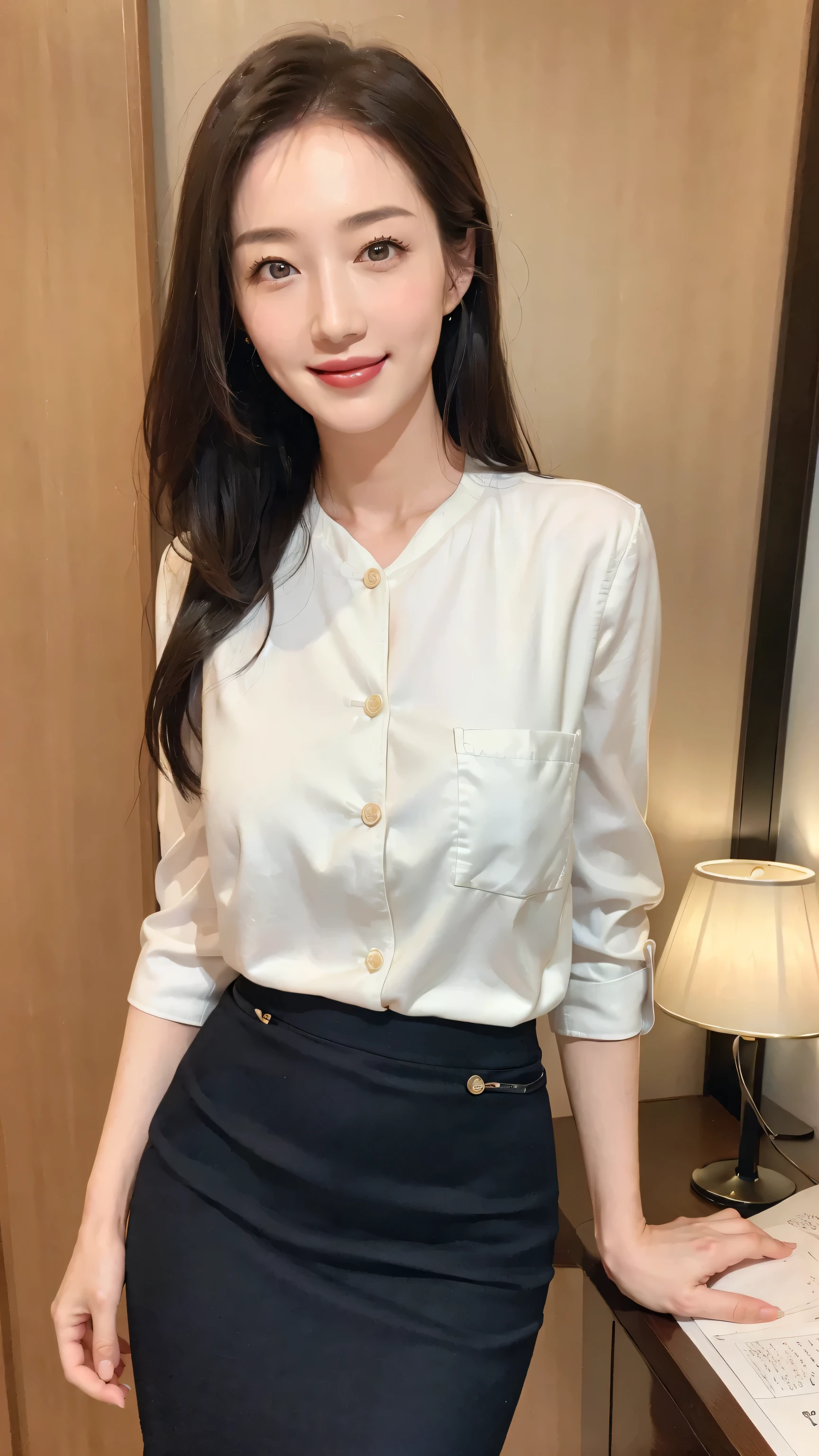 ((Realistic photo, Best quality, 8K, Masterpiece: 1.3)), (raw photo:1.2), Hyperrealist portrait gorgeous Beautiful Chinese girl, 20 years old, Perfect Figure, pretty body, (beautiful breasts: 1.2), very detailed eyes and face, (lustfully naughty face, crimson red lip, heavy makeup: 1.3, blushing), beautiful detailed eyes, seductive sharp eyes, (charming smile: 1.4), white skin, photo realistic, very detailed face, ((white shirt, dark blue pencil skirt)), (long legs: 1.2, beautiful long nails), loose curls hairstyle, ((standing pose)), (modern office room background)