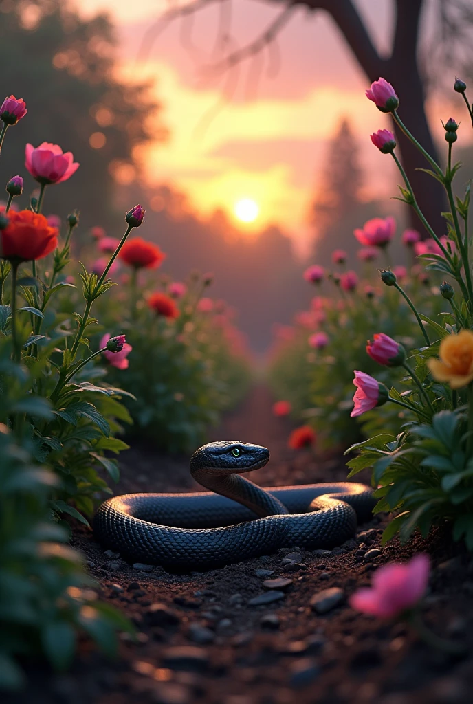 An image of a beautiful garden at dusk, with a snake slithering stealthily among the plants. The snake's presence is subtle but menacing, as it bites the roots of the flowers, causing them to wither. The contrast between the snake and the wilting plants highlights the hidden danger.