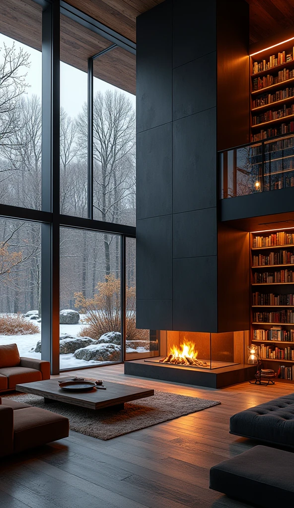 Generate an atmospheric photo of a villa interior in the forest,Large glass windows,TV indoors with green backgrou is pure green,Don't have any pattern,To be indoors,Has large floor-to-ceiling windows,Outside the window is the autumn and snow scenery,The interior should reflect two layers of space,Don’t wear green furniture,The shooting angle is 45 degrees,Two levels of space,Darker tones,The color should be warmer,With fireplace,Showing a large space,No green walls,The walls are filled with books,Fireplace stand alone,Snowing day,Without sunlight, There must be stairs to the second floor,There must also be a sense of atmosphere
,The image ratio is 16:9,
