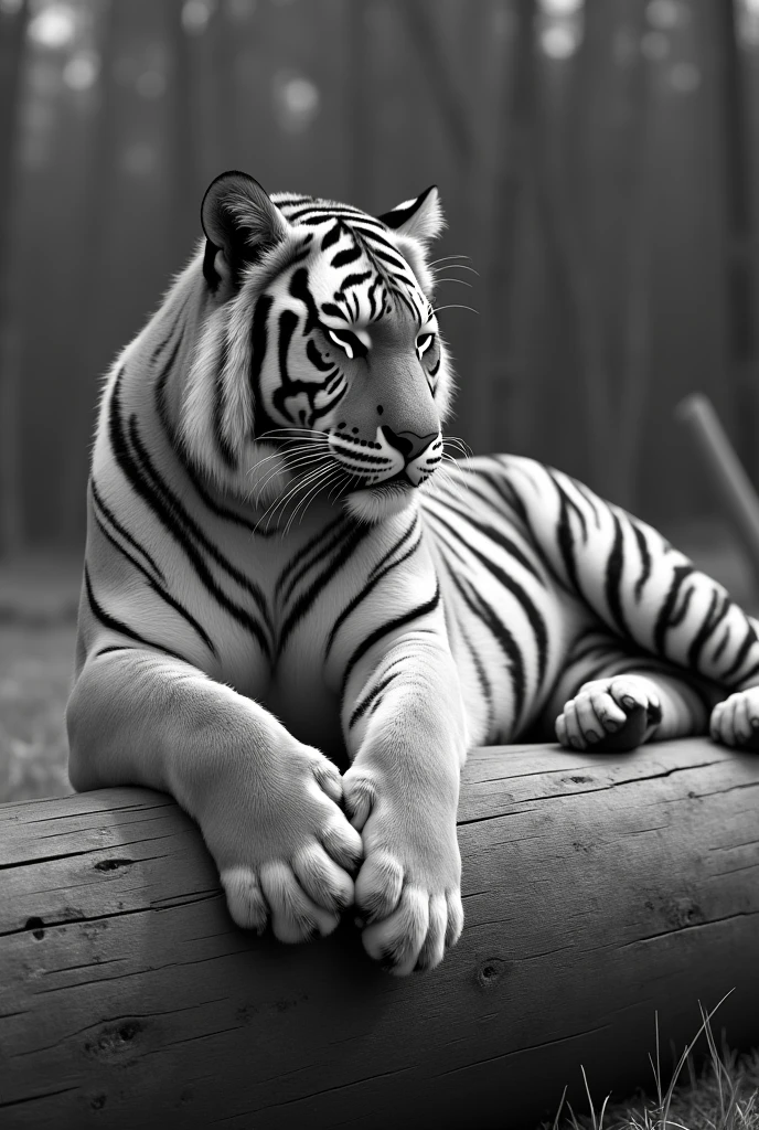 Tiger sleeping on a log, black and white