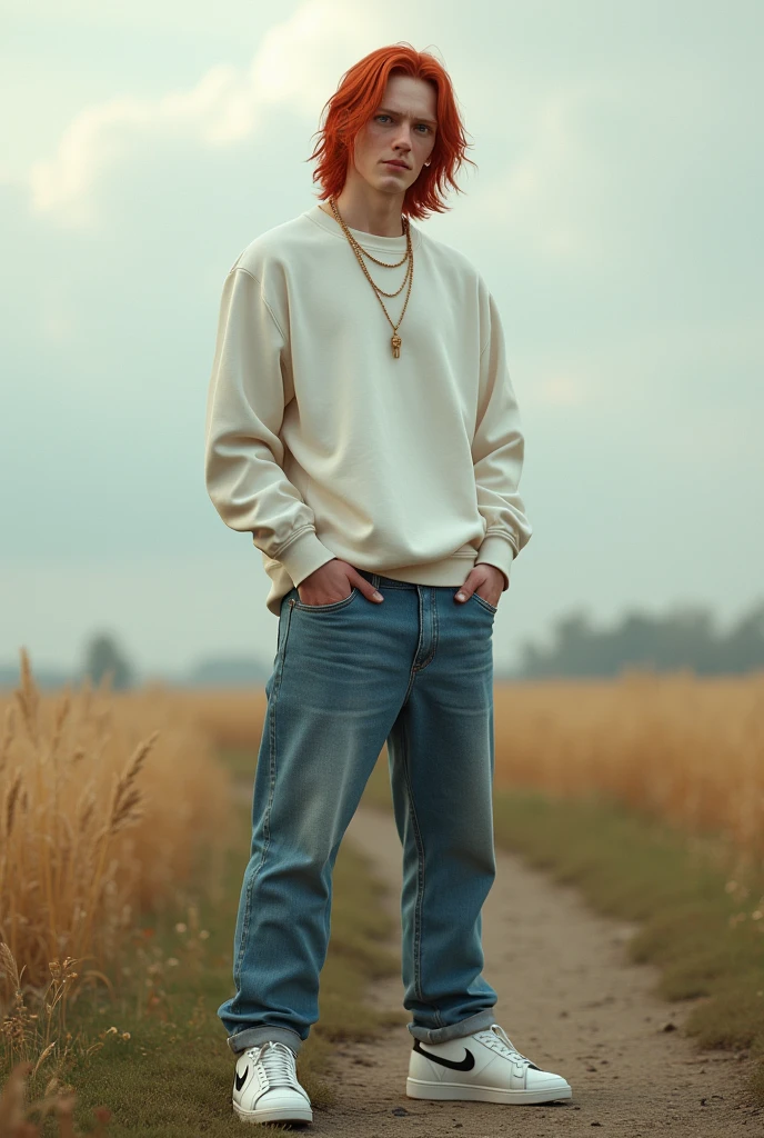 Make a young Germanic man with a slightly Asian appearance, He's a redhead, reddish, long hair, with green eyes, albino, he is 32 years old, He has 1,83 His appearance is robust and slightly handsome, your physique is robust, he is very white, He is a little calm and can get a good laugh out of his friends, he is wearing a white Adidas sweatshirt, a pair of dumped jeans, and a Nike sneaker, next to him a gold chain around his neck, he is in an open field a little cloudy without rain, with a slight smile on your face, photo realistic image.
