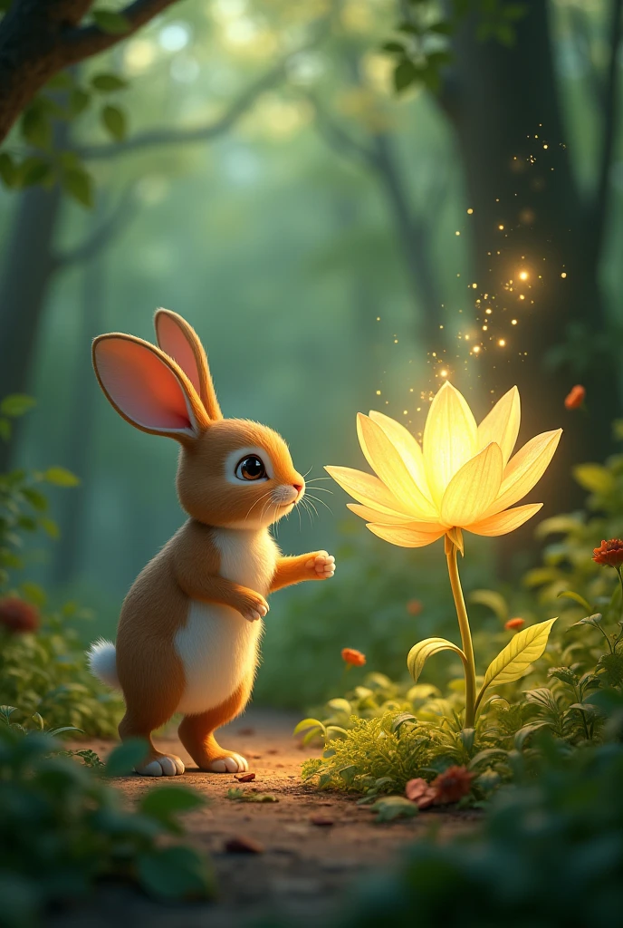 One day, as he skipped through the woods, Leo the rabbit found a shiny golden flower, unlike any other he had ever seen. The flower had petals that seemed to be made of light and a scent that resembled the sweetest honey..