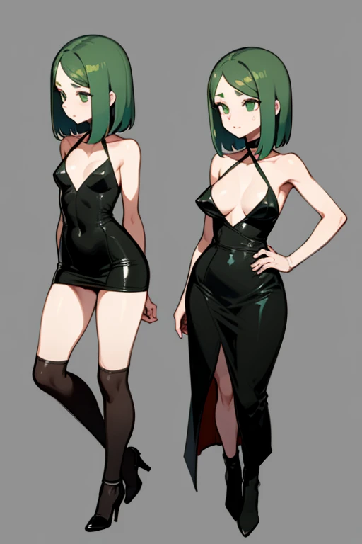 a short woman with a slim but very sexy figure and a youthful face. Her hair is emerald green, shoulder length, tousled, Black  dress tight to the body