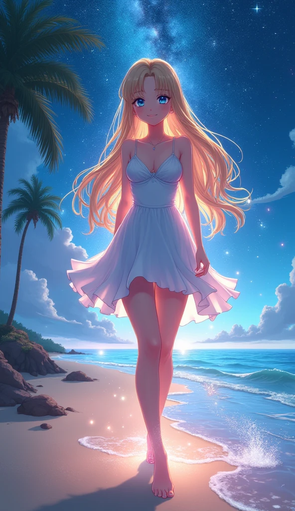 (masterpiece、Highest quality、8k、High resolution)、Best Style、(The most beautiful anime girls)、(Clear skin、Clean blue eyes、Beautiful lips、smile、Beautiful white upper teeth、Beautiful nose)、Blonde Hair、Ample breasts、Sandy beach、Walking on the beach、Palm tree、Beautiful starry sky、milky way、(体whole bodyから神秘的な光の粒子、Colorful Light)、(jewelry、necklace)、dress、(whole body)、Highly detailed anime art、A complete portrayal、