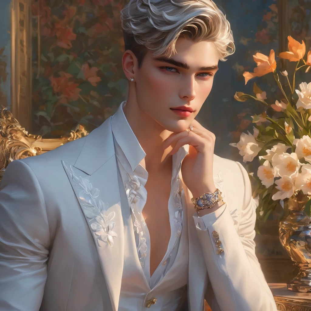 In this breathtaking artwork, miniature doll-sized male models, inspired by the iconic supermodels Sean O’Pry and Lucky Blue Smith, take center stage in a vibrant scene reminiscent of a Ken doll fantasy. With jointed doll features and porcelain-like skin, these charming figures boast an irresistible blend of sophistication and natural beauty.
Sporting short silver-gray undercut hairstyles, Wearing small white embroidery-detailed thong, he has toned chest and abs and he exudes sophistication and elegance against the backdrop of a luxury bedroom. The room is adorned with 1915 Oriental theme, surrounded by luxury exotic furniture, velvet drape curtains, and colorful wildflowers, creating a vibrant and enchanting atmosphere.
Captured from a dynamic angle, over shoulder look photo showcases the models amidst the meticulously arranged Employing three-point lighting and incorporating 3D animation shadows, the photographer enhances the models' features, resulting in an image of unparalleled realism and detail.
using a Canon EOS R6 and Sigma AF 24mm F1.4 EX DG HSM lens by Thomas Synnamon, the focus of the photo is on his captivating presence and the intricate details of the surroundings, Utilize natural soft lighting, casting gentle highlights and shadows that accentuate the contours of his face and body, The light creates a warm intimate atmosphere with a soft golden tone that enhances his skin,
With its dramatic composition and seductive lighting, this masterpiece invites viewers to immerse themselves in a world of charm and sophistication. It celebrates the beauty of the male form while capturing the essence of a fun-filled day, where joy and relaxation abound.
