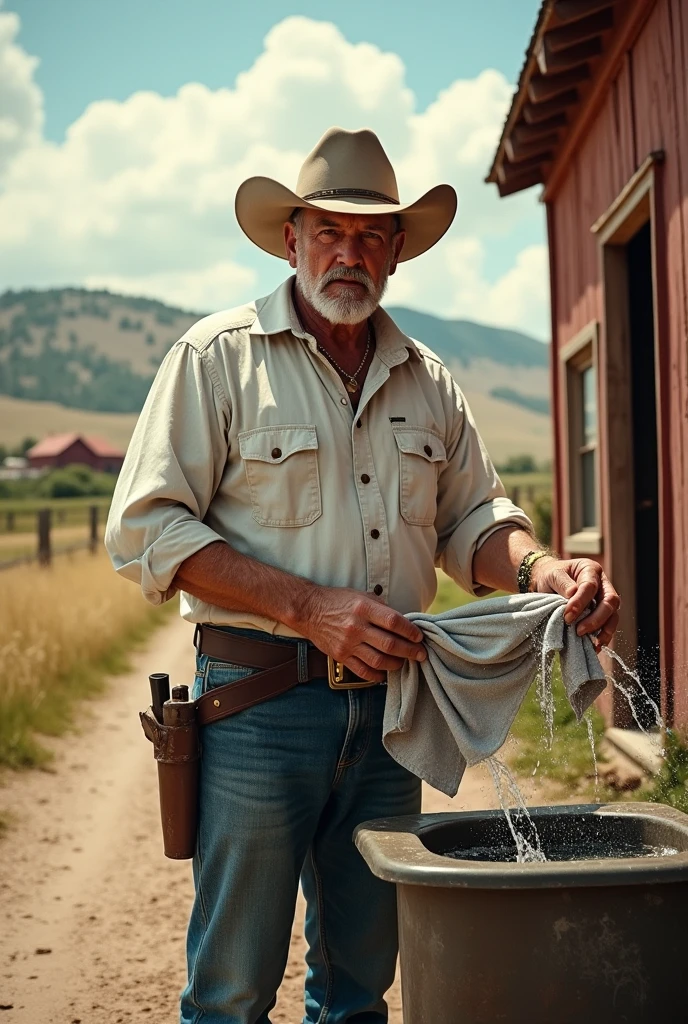 white cowboy man on a farm washing his clothes