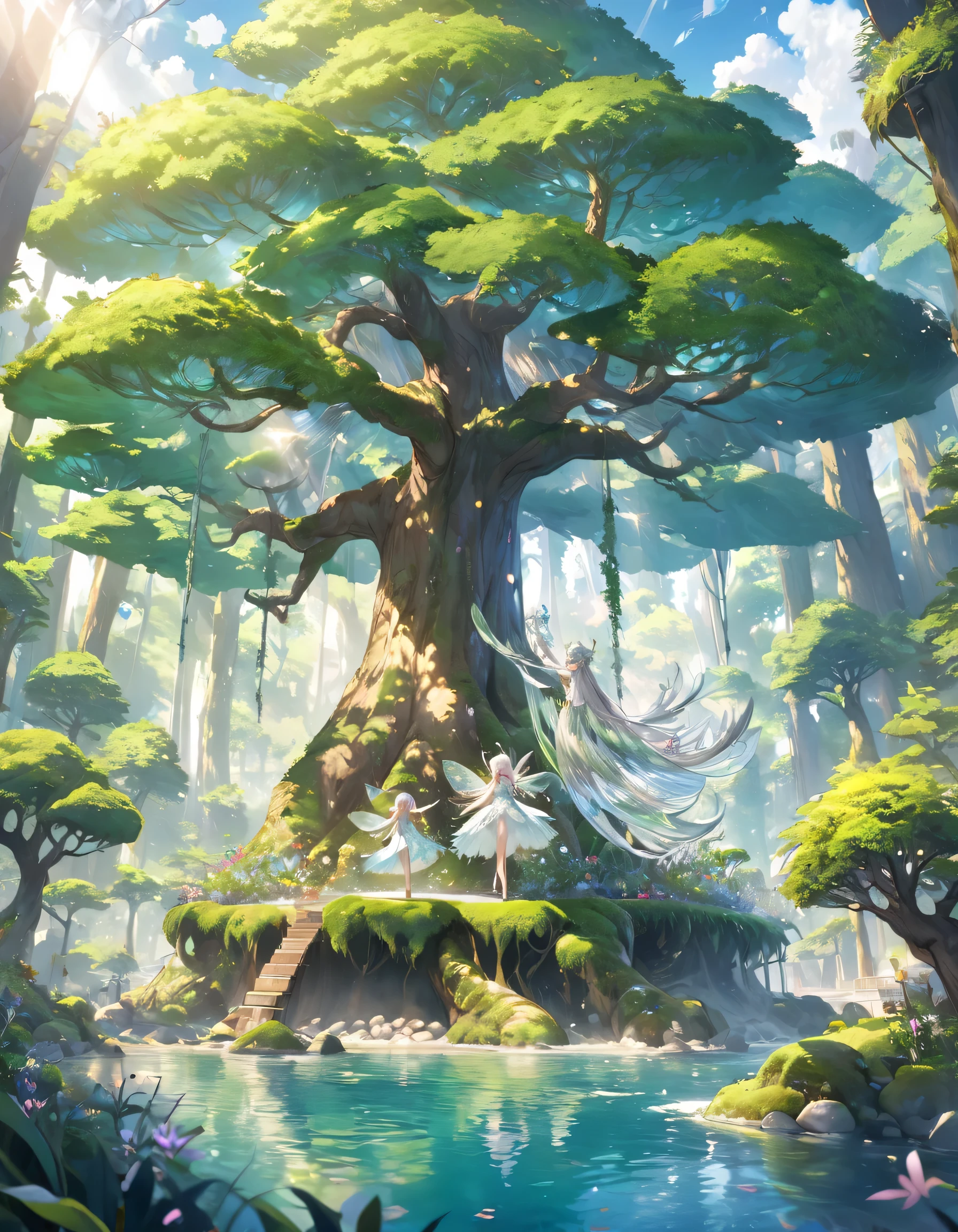 Highest quality, Ultra-high resolution, (Happy scene), Transparent silver hair、Feather-like costume,Palm-sized fairies、(Dancing in the air)、 (background、lake、big tree forest、gravel、Moss、sunlight)、 (The buds of a large tree thrive in the square)