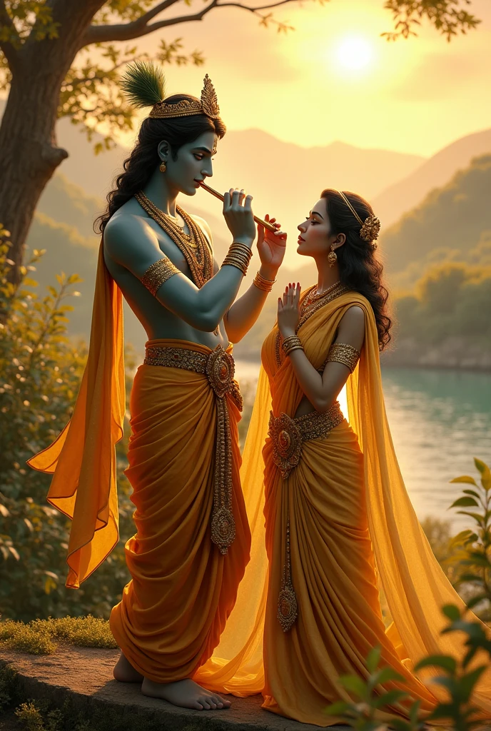 Lord krishna , golden clothes , flute whistling , with goddess Radha 