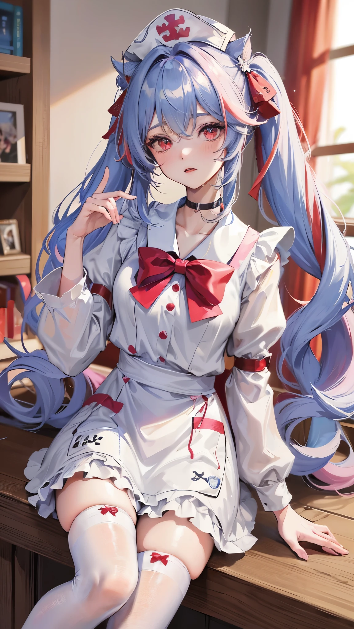 ,1girl,multicolored_hair,puffy_shorts,bandages,bandaged_neck,blurry_background,bow,pink_dress,white_thighhighs,black_bandages,nurse_cap,indoors,long_hair,low_twintails,bowtie,apron,nurse,highres,red_bowtie,white_apron,red_eyes,genshin_impact,white_hat,pom_pom_hair_ornament,streaked_hair,shirt,solo,blue_hair,thighhighs,dress,white_shirt,asami-chan,looking_at_viewer,red_bow,twintails,sigewinne_\(genshin_impact\),shorts,blurry,hospital,pink_bow,hair_ornament,id_card,pom_pom_\(clothes\),hair_ears,hat,blush,white_hair