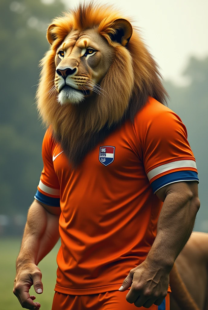 Create me an extremely strong and brave lion with the Dutch shirt completely orange