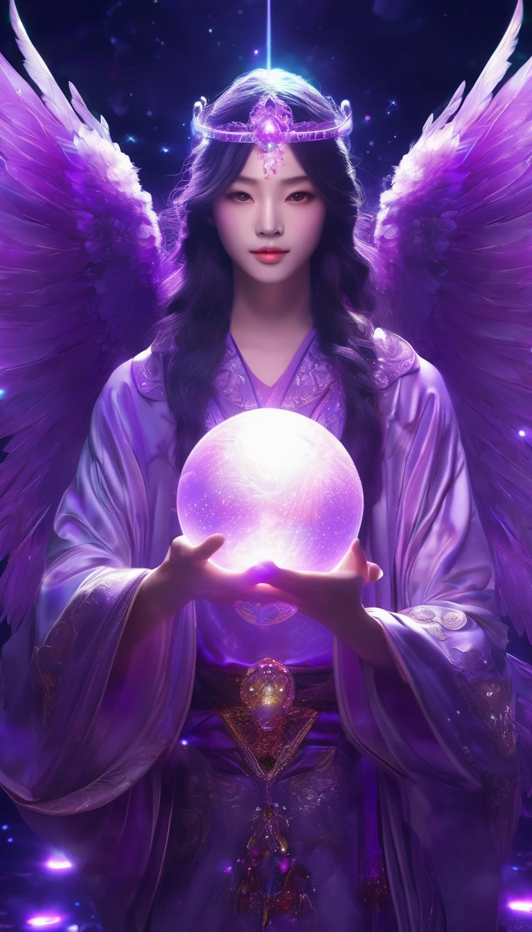 Purplish color、An angelic enchanting god with wings、Holding a glowing sphere in your hand　Staring straight into the camera， in the center，Very bright color, Light Particles, The light shines, Musibu, Wallpaper Art, UHD wallpaper、Purple background、Mysterious、Impersonal、cart、Upper body close-up、fortune teller