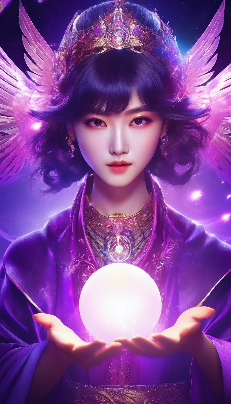 Purplish color、An angelic enchanting god with wings、Holding a glowing sphere in your hand Staring straight into the camera, in the center,Very bright color, Light Particles, The light shines, Musibu, Wallpaper Art, UHD wallpaper、Purple background、Mysterious、Impersonal、cart、Upper body close-up、fortune teller