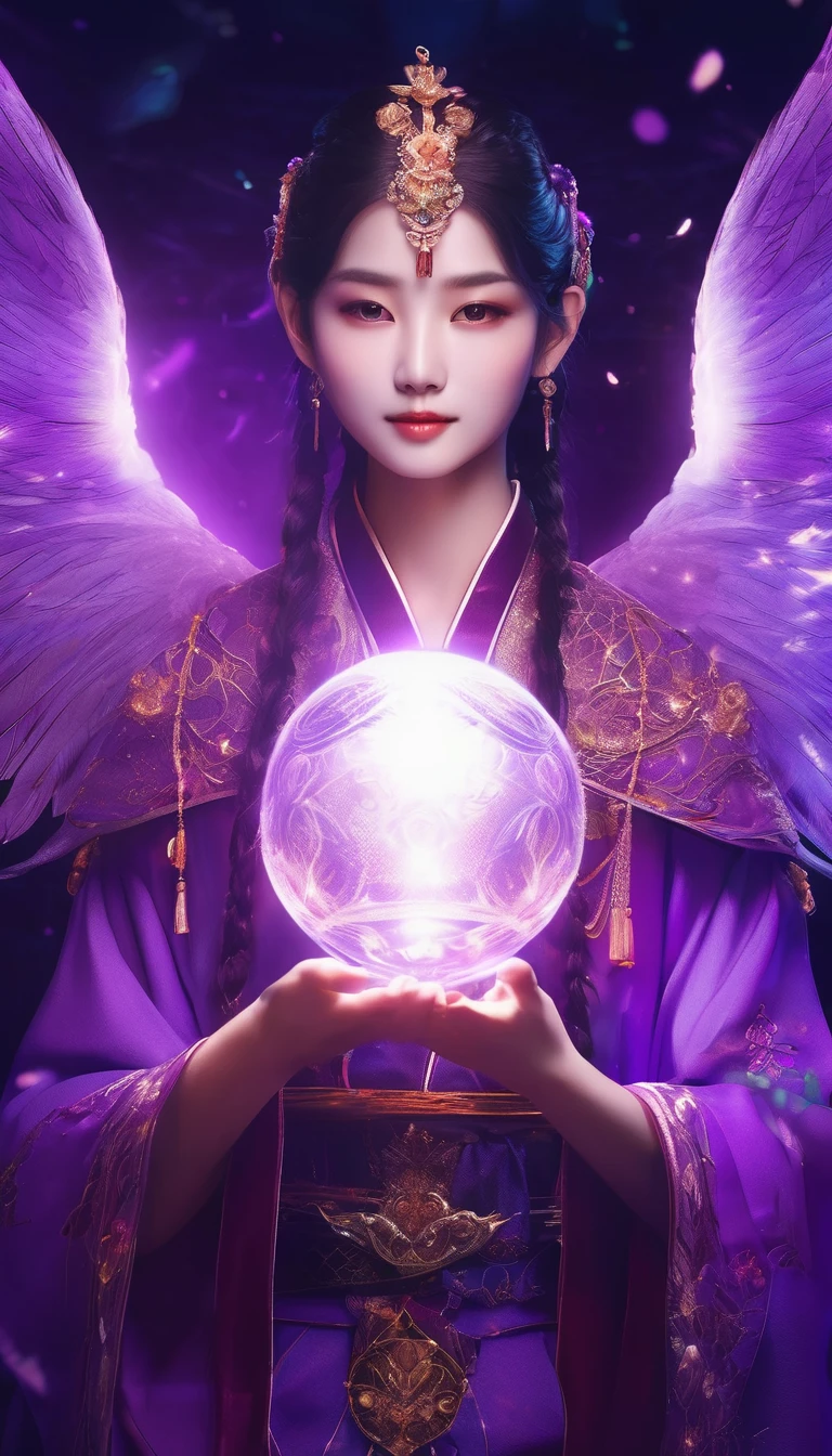 Purplish color、An angelic enchanting god with wings、Holding a glowing sphere in your hand　Staring straight into the camera， in the center，Very bright color, Light Particles, The light shines, Musibu, Wallpaper Art, UHD wallpaper、Purple background、Mysterious、Impersonal、cart、Upper body close-up、fortune teller