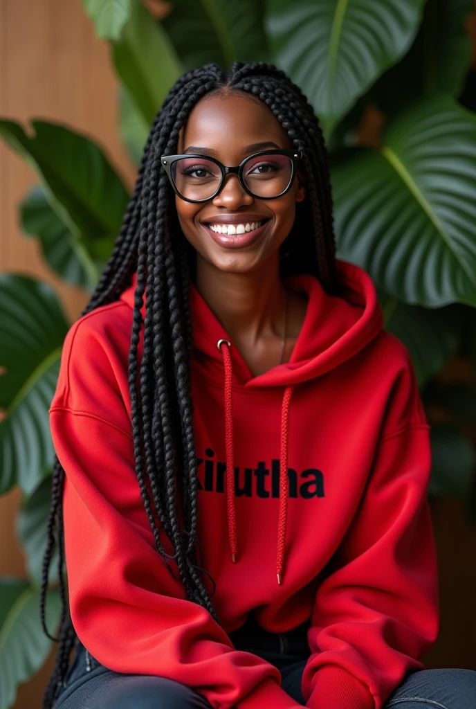 (photorealism:1.2), beautiful black African woman,22 years,sharp boobs, smiling wearing a fitting red hoodie written "Kinuthia",long braids, black oversized photo chromatic glasses, sitting on a photo studio stool, plants in background cardi B inspiration