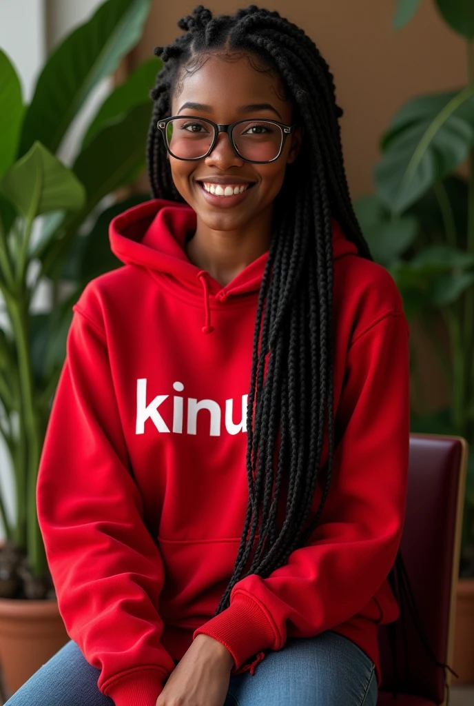 (photorealism:1.2), beautiful black African woman,22 years,sharp boobs,,wearing jeans and a fitting white hoodie written "Kinuthia", smiling,long braids,oversized blue glasses, standing , plants in background