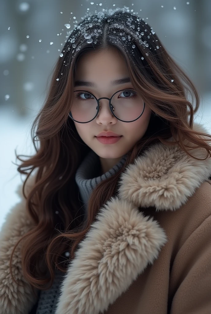 (Tabletop、highest qualそれy、8k、Award-winning works、Ultra-high resolution)、A beautiful Filipina woman、(thick and big fur coat:1.3)、(A high-quality coat filled with fluffy fur:1.2)、Brown Hair、(Long Wavy Hair:1.1)、Great cinema lighting、(The most romantic and moody atmosphere:1.1)、winter、Snow Scene、it's snowing、(Walking in the snow in Northern Europe:1.1)、look at me、(Very large breasts:1.1)、Blurred Background、Accurate anatomy、Ultra HD Hair、Ultra-high resolution for perfect, beautiful teeth、Ultra-high definそれion beauty face、Ultra HD Hair、Ultra-high resolutionの輝く瞳、Shining, Ultra-high resolution beautiful skin、Ultra-high resolutionの艶やかな唇、(Face close-up:1.1)、(Elegant round glasses:1.1)
