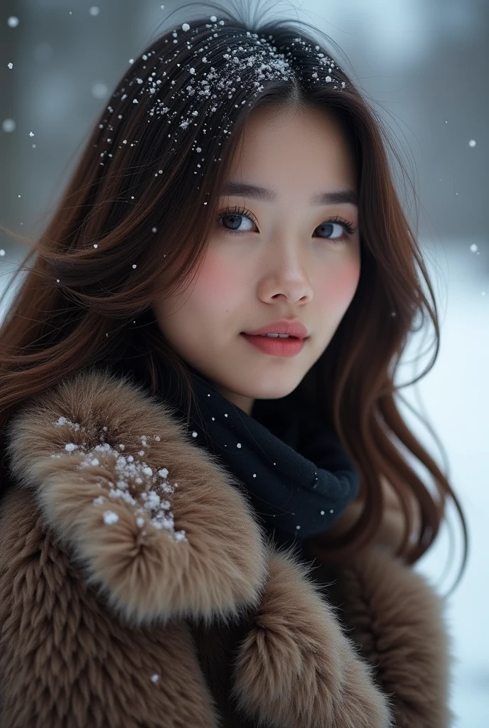 (Tabletop、highest qualそれy、8k、Award-winning works、Ultra-high resolution)、A beautiful Filipina woman、(thick and big fur coat:1.3)、(A high-quality coat filled with fluffy fur:1.2)、Brown Hair、(Long Wavy Hair:1.1)、Great cinema lighting、(The most romantic and moody atmosphere:1.1)、winter、Snow Scene、it's snowing、(Walking in the snow in Northern Europe:1.1)、look at me、(Very large breasts:1.1)、Blurred Background、Accurate anatomy、Ultra HD Hair、Ultra-high resolution for perfect, beautiful teeth、Ultra-high definそれion beauty face、Ultra HD Hair、Ultra-high resolutionの輝く瞳、Shining, Ultra-high resolution beautiful skin、Ultra-high resolutionの艶やかな唇、(Face close-up:1.1)、(Elegant round glasses:1.1)