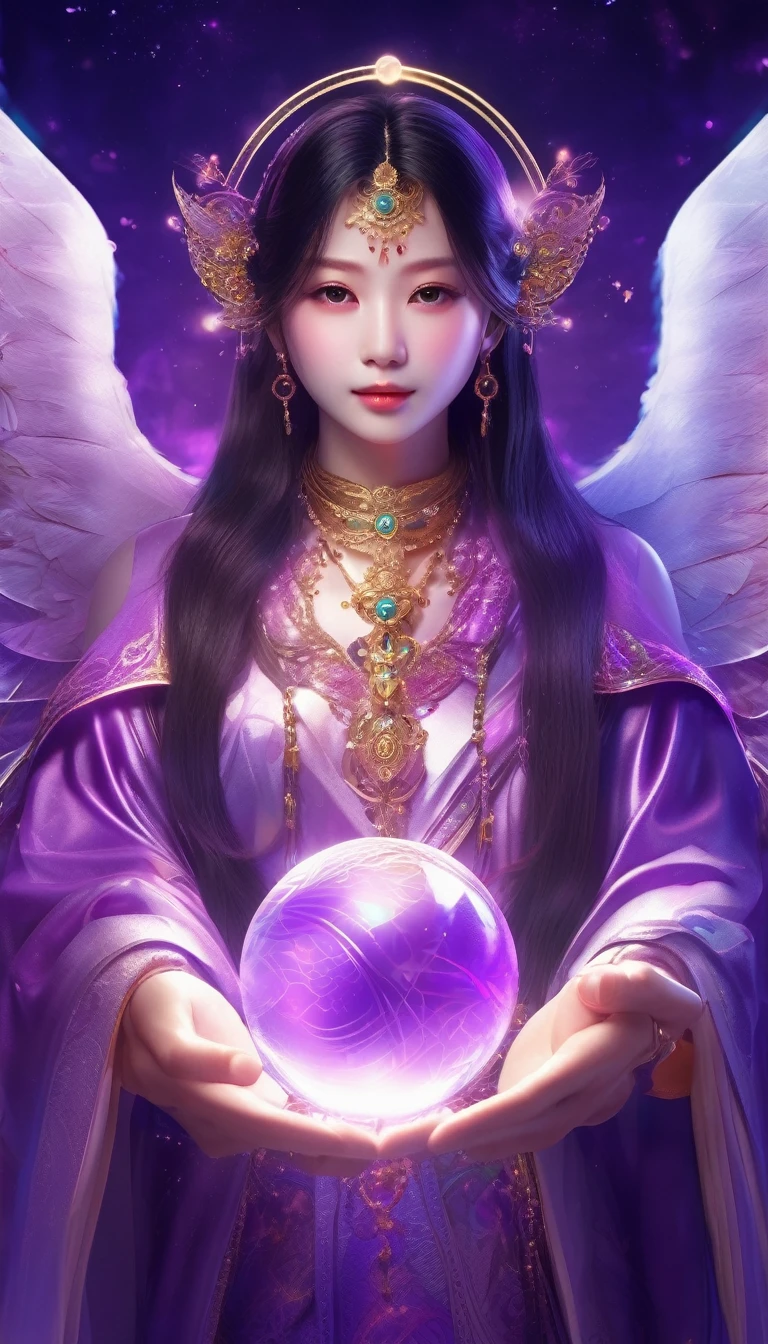 Purplish color、An angelic enchanting god with wings、Holding a glowing sphere in your hand Staring straight into the camera, in the center,Very bright color, Light Particles, The light shines, Musibu, Wallpaper Art, UHD wallpaper、Purple background、Mysterious、Impersonal、cart、Upper body close-up、fortune teller