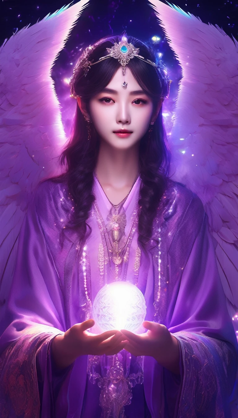 Purplish color、An angelic enchanting god with wings、Holding a glowing sphere in your hand Staring straight into the camera, in the center,Very bright color, Light Particles, The light shines, Musibu, Wallpaper Art, UHD wallpaper、Purple background、Mysterious、Impersonal、cart、Upper body close-up、fortune teller
