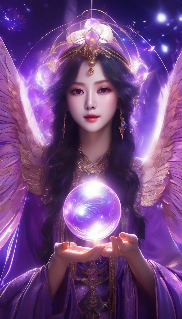 Purplish color、An angelic enchanting god with wings、Holding a glowing sphere in your hand Staring straight into the camera, in the center,Very bright color, Light Particles, The light shines, Musibu, Wallpaper Art, UHD wallpaper、Purple background、Mysterious、Impersonal、cart、Upper body close-up、fortune teller