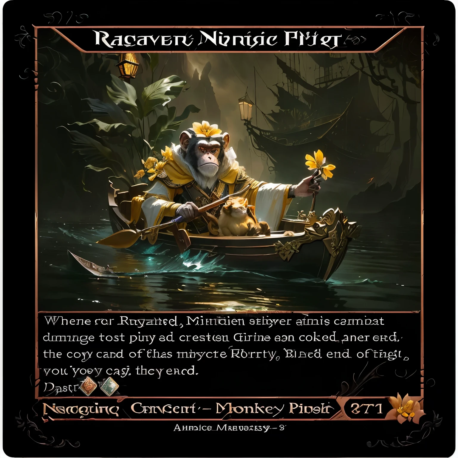 a card image of a monkey in a boat with a yellow flower, collectible Card art, Grim Gwent Card, full art, Card art, nightmare ranger, De Magic the Gathering, dnd Card art, the front of a of collectible cards, of collectible cards, nightmare, fantasy card game art, Magical style of meeting, deck of many things, full card design