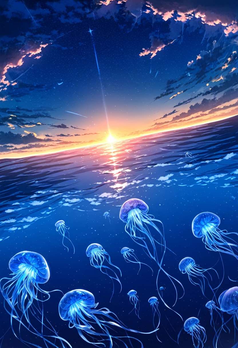 starry, starry light, night, colorful, cloud, star \(sky\), sunset, a lots of blue jellyfishes in the air, big dolphins floating in the sky , beauty (star (sky)), blue color only 