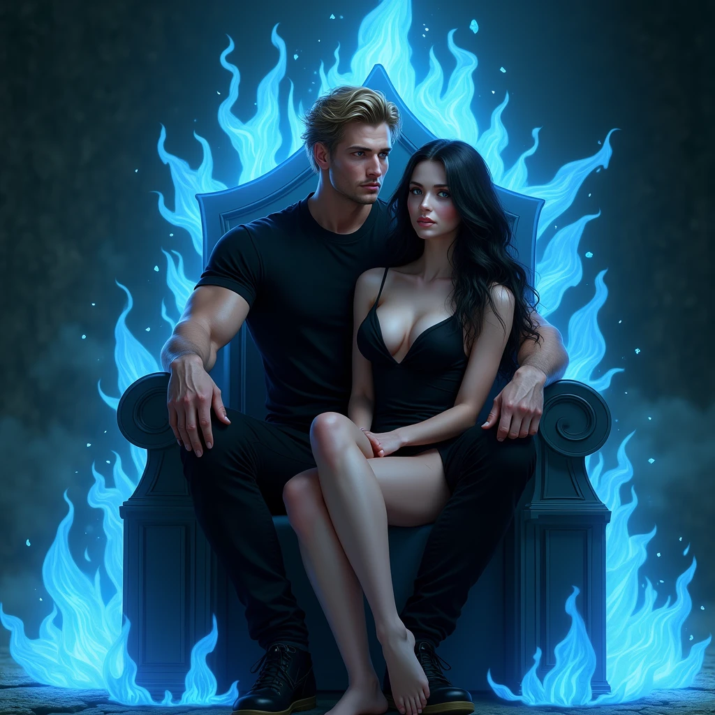 a man with green eyes, sitting nonchalantly on a throne of blue flaming bones, He has light brown hair, almost blonde, He is half muscular, exudes power and dominance, It is very attractive, is in a dark and gloomy place, He has a black shirt and black pants. ((A woman sitting on her legs)) The young and beautiful woman is intense blue eyes, long, straight, jet-black hair, she is very beautiful, hips a little wide, medium breasts, slim. She is wearing a tight and beautiful elegant black dress, which has a V-neckline and a leg slit. It&#39;s like a metaphor for Hades and Persephone.