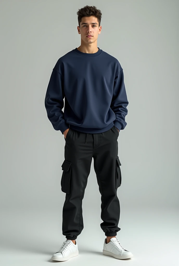 man with white sneakers and black cargo pants, navy blue sweatshirt