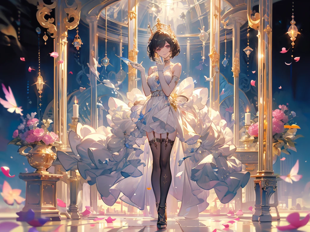 masterpiece,best quality,Idol singer,Royal Family,Castle in the Sky,Genting,sunglasses,Pure white background,Delicate face,Handsome short hair,Smile,whole body,Perfect body proportions,Sparkling eyes,Flower petals rain,Sexy,Extremely beautiful,transparent,High heel,Fishnet stockings,Star decoration
