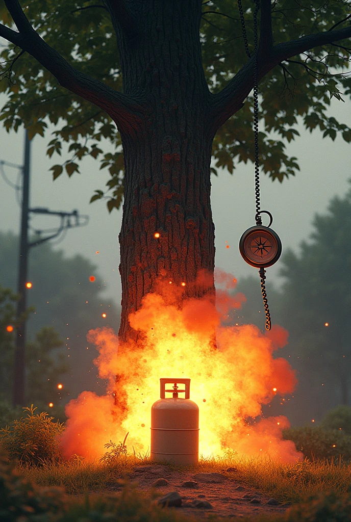 An gas cylinder blasting under tree and telephone ringing . A compass hanging.