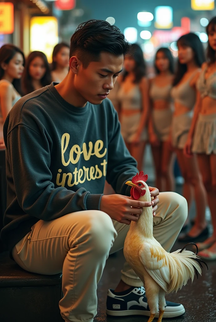 make me a hyper realistic photography HD 18K photo showing a handsome Indonesian man with yellow skin, neat side parted hair,wearing a crewneck sweater with the words "Love interest" with intricate font style, cream chino pants and black and white nike shoes. The man is seen sitting while bathing a Bangkok chicken.. in the background there are many beautiful sexy women looking at the men around them.
