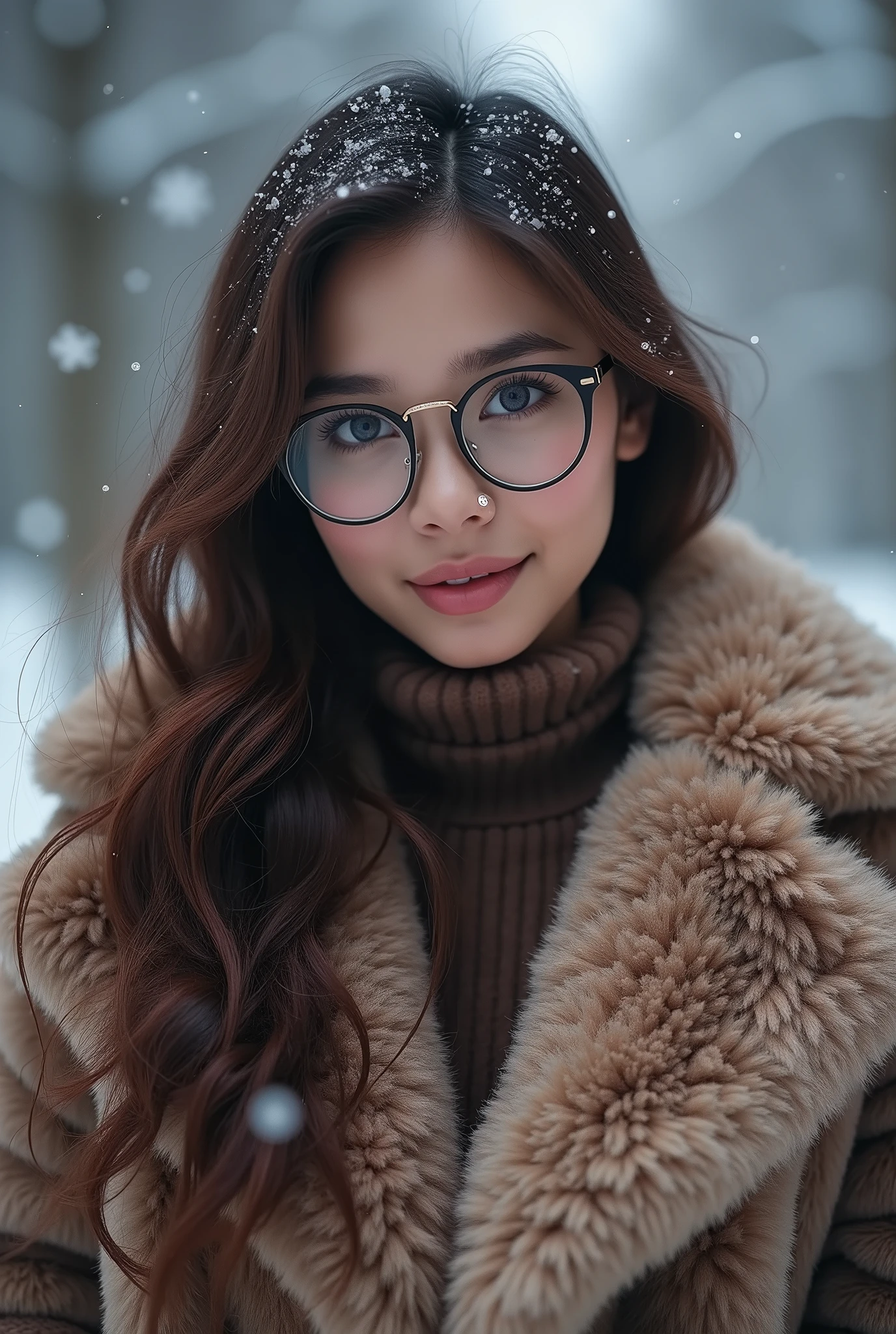 (Tabletop、highest qualそれy、8k、Award-winning works、Ultra-high resolution)、A beautiful Filipina woman、(thick and big fur coat:1.3)、(A high-quality coat filled with fluffy fur:1.2)、Brown Hair、(Long Wavy Hair:1.1)、Great cinema lighting、(The most romantic and moody atmosphere:1.1)、winter、Snow Scene、it&#39;s snowing、(Walking in the snow in Northern Europe:1.1)、look at me、(Very large breasts:1.1)、Blurred Background、Accurate anatomy、Ultra HD Hair、Ultra-high resolution for perfect, beautiful teeth、Ultra-high definそれion beauty face、Ultra HD Hair、Ultra-high resolutionの輝く瞳、Shining, Ultra-high resolution beautiful skin、Ultra-high resolutionの艶やかな唇、(Face close-up:1.1)、(Elegant round glasses:1.1)