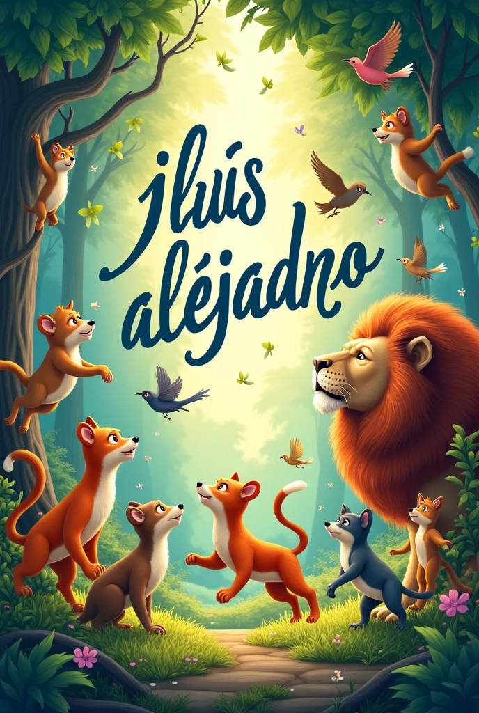Create the cover of a book and animate it with the written name of JLuis Alejandro as the title. Only with animated animals but not fictional ones
