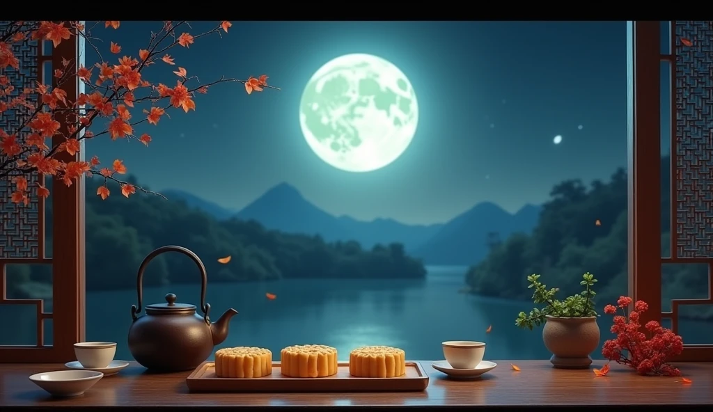 Full Moon Mid-Autumn Night,The moonlight outside the window。A bright moon hangs high in the sky,Bright as jade,The light flows。On the plate on the table are two golden、Fragrant mooncakes,Three or two white jade ceramic cups next to the cast iron kettle.Exuding a strong Mid-Autumn Festival flavor。(best quality,4K,8k,high resolution,masterpiece:1.2),Super detailed,(Practical,photoPractical,photo-Practical:1.37)