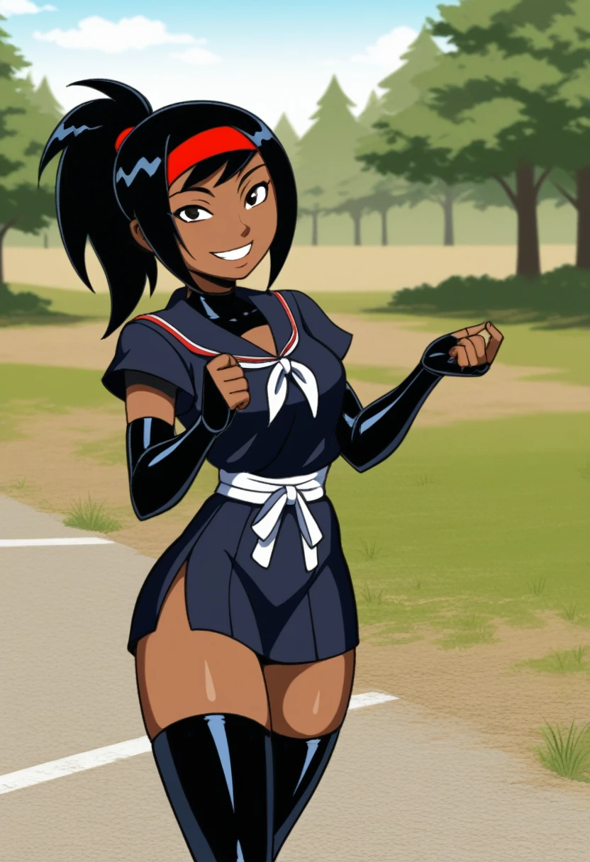 KPYoriGirl, score_9, 1girl, solo, black ninja outfit, dark skin, outdoors, in school, smiling, 