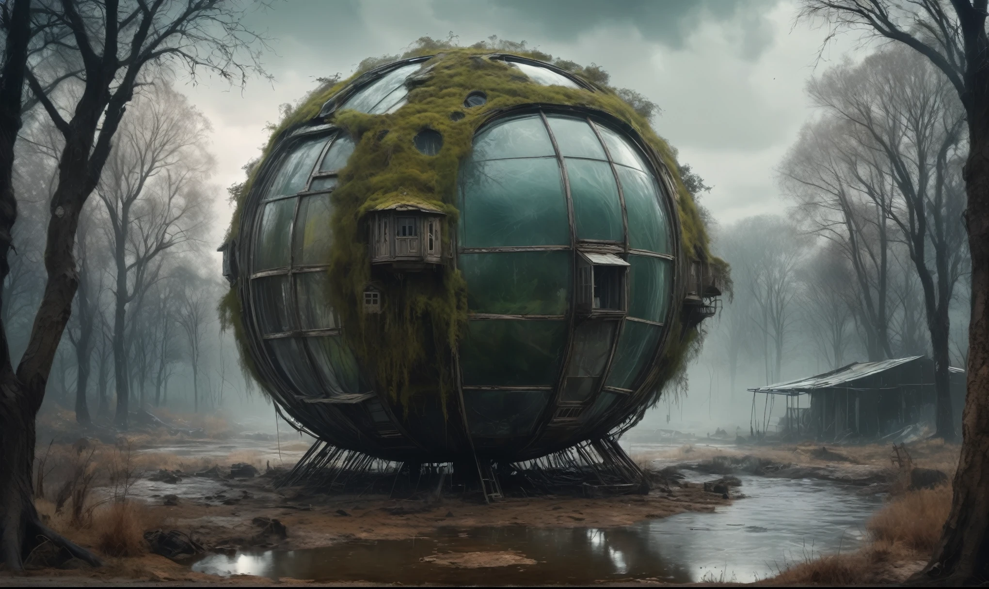 insane pilot from USSR , camouflage Rusty, after a psychiatric clinic,winter,intricate landscape,slate grey atmosphere,film grain,faded,eyes extremely detailed,another world,view from height,once pretty face,eyebrow up,full body shot,ominous landscape, Simon Stalenhag,Nicola Samori,full body shot,beggar paladium The Alien Entity,Technicolor,natural skin textures, hyper realism, hyper detailed,Extremely detailed,High contrast,Masterpiece,Realistic,Ultra Detailed, intricate details,realistic humid leather,extremly intricate,Epic Realistic, cinematic style,irina yermolova,high contrast,hdr,extremely detailed, deep night landscape,masterpiece,intricate details,faded,eyes extremely detailed, high detailed eyes,8k resolution,RAW,retina, Nikon Z9,China,tkt style, transition between two art styles, Ink painting to photorealism, Double contact, X-ray, Creative, vivid light, masterpiece, fantasy, Abstract Surrealism, super detailed, high resolution, stop:35;Her skin is pale, almost translucent,ancient rock,a hot air soars through the layers of clouds, revealing a colossal and enigmatic cityscape nestled within. The buildings in this ethereal city are adorned with intricate details and exude an aura of mystery. Above the cityscape, lend an enchanting touch to the scene. steampunk. The intricate mechanics create a sense of wonder and fascination, as if stepping into a dreamlike realism, Glass sphere, close-up of a planet with a bunch of trees on it, overgrown planet, green planet, Fractal World, A lush world of fantasy, fantasy planet, Dyson sphere, planetary landscape, round planet inspired by Jofra Bosschart, planet, Future World, psychedelic Mysterious World,ais-sinisterz, a derelict circus in the middle of a swamp, remnants of colorful tents, a silent carousel with spectral horses, all under a sky heavy with storm clouds