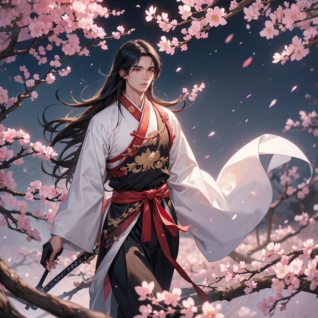 Handsome black-haired male general holding a large sword in Chinese hanfu , walking In the middle of a cherry blossom storm, cherry blossoms are falling from the trees, Behind them are cherry trees that are in full bloom.
