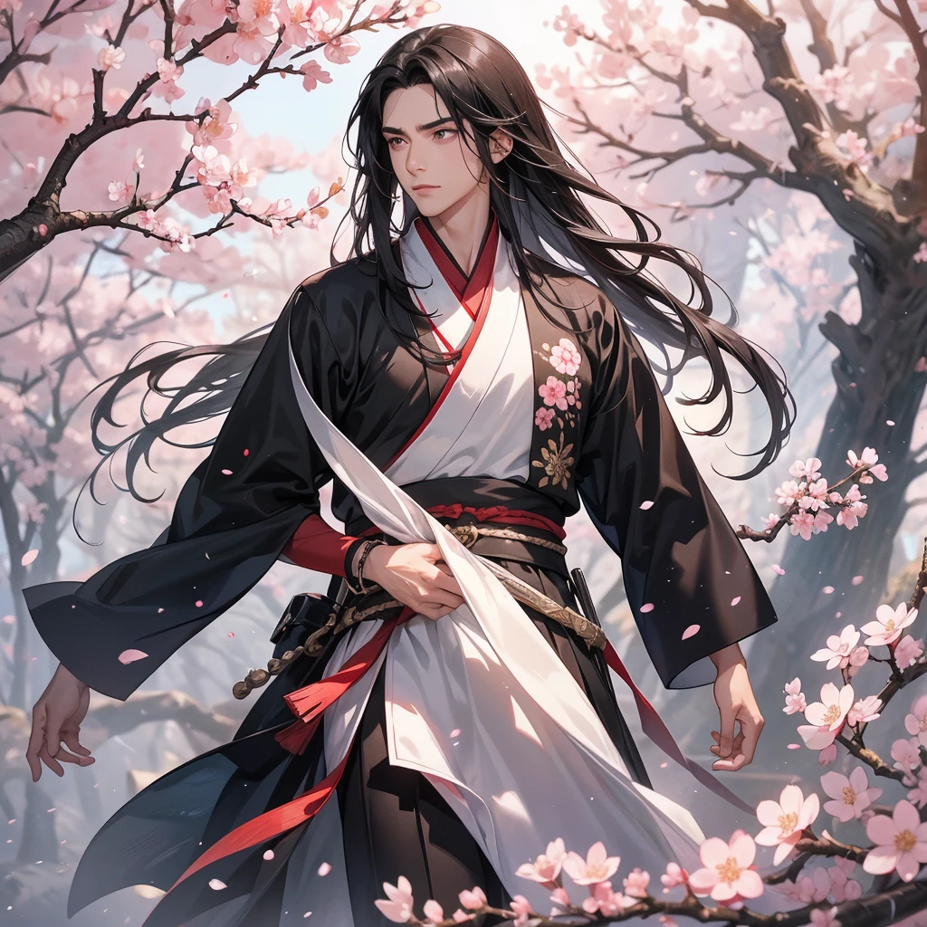 Handsome black-haired male general holding a large sword in  Chinese hanfu , walking In the middle of a cherry blossom storm, cherry blossoms are falling from the trees, Behind them are cherry trees that are in full bloom.