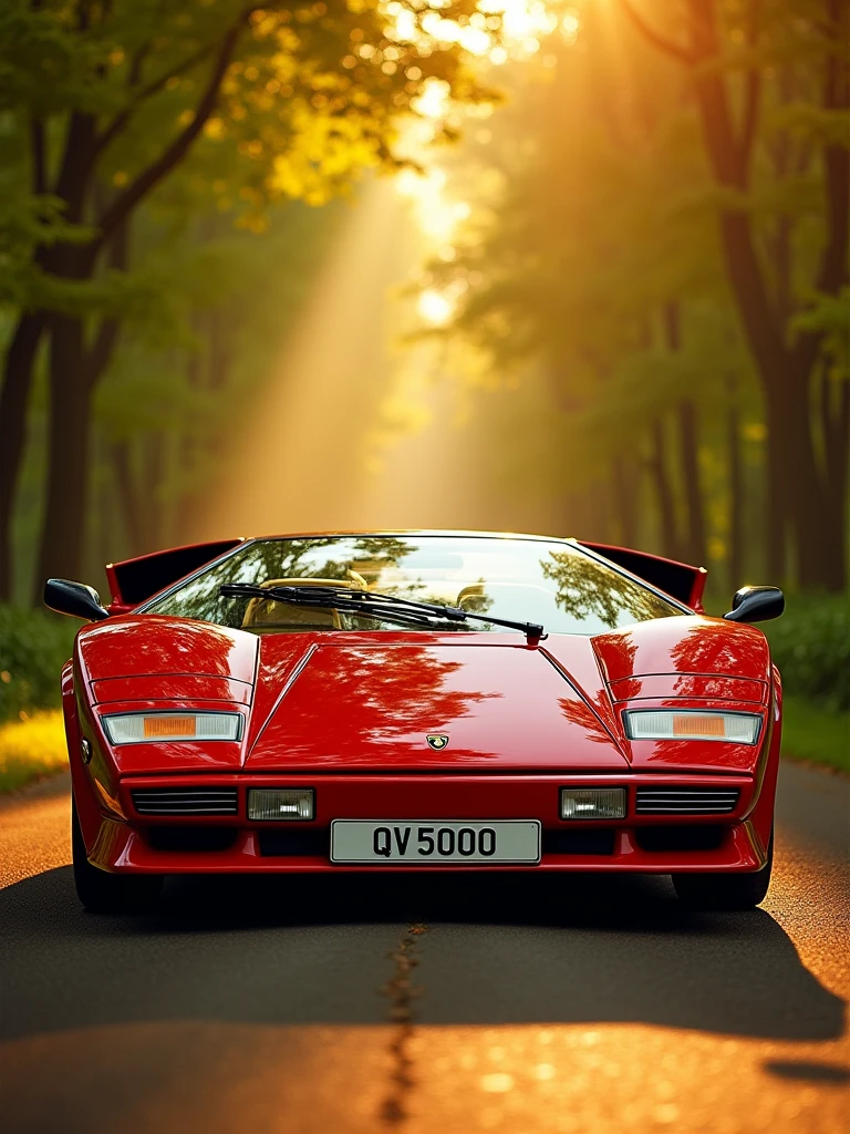 A captivating cinematic photoshoot of a pristine white Lamborghini Countach, exuding luxurious and powerful presence. The vibrant red exterior glistens in the golden sunlight, creating a stunning contrast with the warm, savannah-colored interior. The meticulous detailing and craftsmanship are evident, further enhancing the car's allure. The Swiss license plate "QV 5000" stands out prominently on the front. The Lamborghini is parked in a tranquil, sunlit setting, where sunlight filters through the trees and casts a magical golden glow. The lush, green background adds depth and perspective, encapsulating the iconic essence of the Lamborghini brand and creating an unforgettable cinematic experience., photo, cinematic