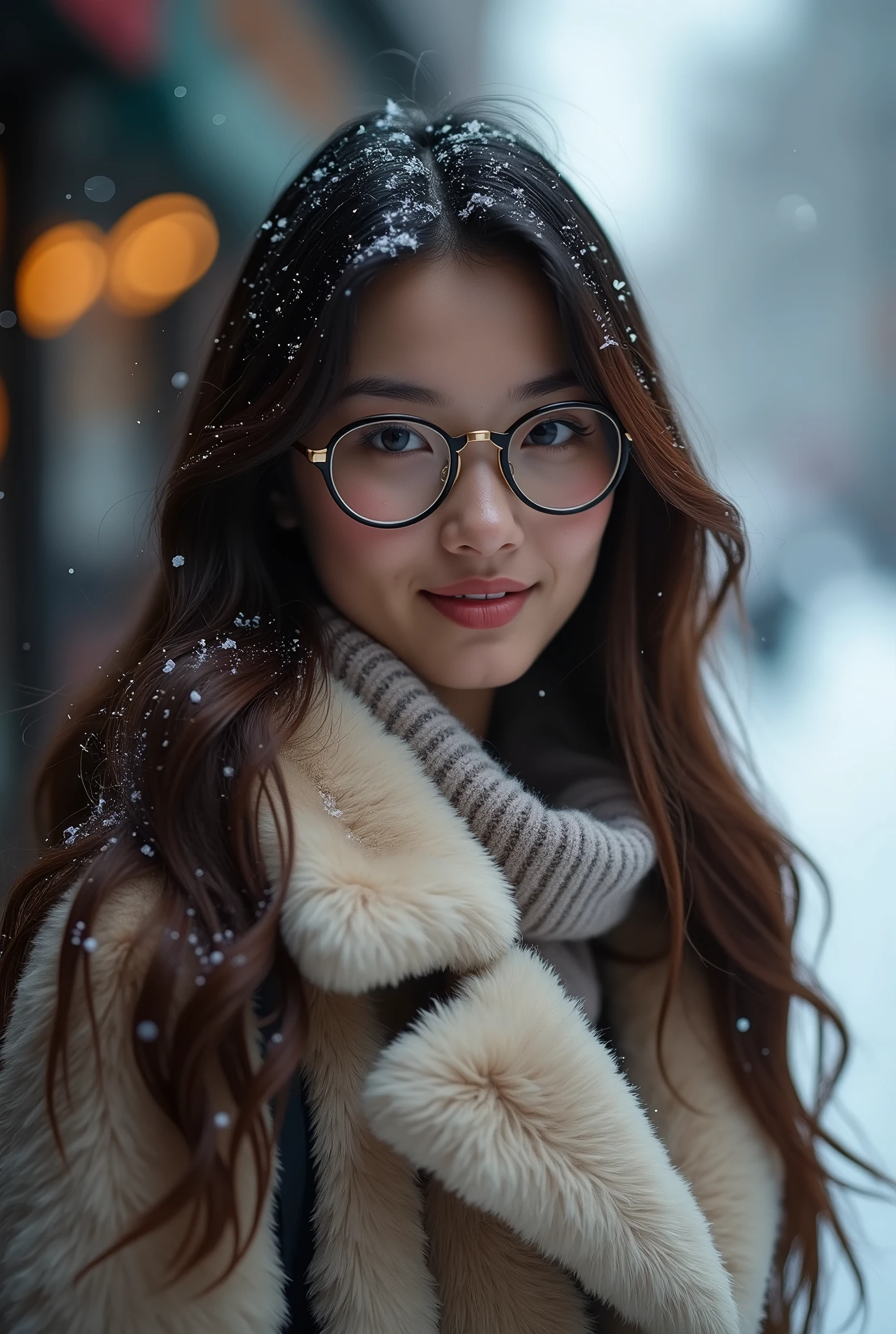 (Tabletop、highest qualそれy、8k、Award-winning works、Ultra-high resolution)、A beautiful Filipina woman、(thick and big fur coat:1.3)、(A high-quality coat filled with fluffy fur:1.2)、Brown Hair、(Long Wavy Hair:1.1)、Great cinema lighting、(The most romantic and moody atmosphere:1.1)、winter、Snow Scene、it&#39;s snowing、(Walking in the snow in Northern Europe:1.1)、look at me、(Very large breasts:1.1)、Blurred Background、Accurate anatomy、Ultra HD Hair、Ultra-high resolution for perfect, beautiful teeth、Ultra-high definそれion beauty face、Ultra HD Hair、Ultra-high resolutionの輝く瞳、Shining, Ultra-high resolution beautiful skin、Ultra-high resolutionの艶やかな唇、(Face close-up:1.1)、(Elegant round glasses:1.1)