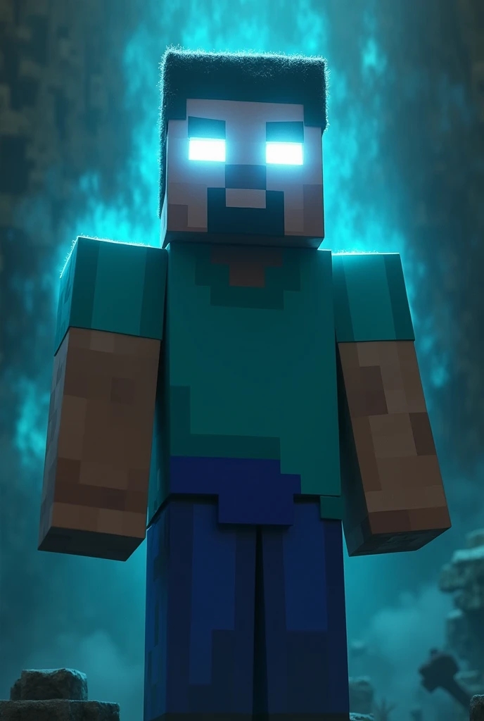 Minecraft Steve with glowing white eyes and a square muscular body wearing a light blue shirt 