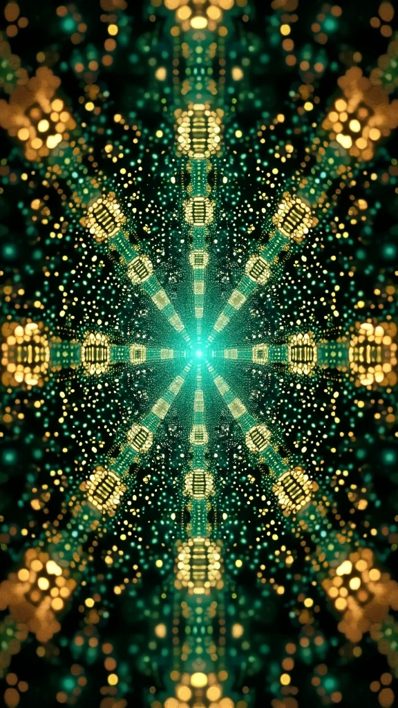 A surreal and disturbing kaleidoscopic pattern inspired by trypophobia, featuring multiple layers of small, closely-packed holes resembling those found in lotus pods. The holes are arranged symmetrically in intricate, repeating patterns, creating a mesmerizing yet unsettling visual effect. The colors include a vivid mix of emerald green and shimmering gold, with the holes appearing dark and glossy. The kaleidoscope effect is enhanced by light reflecting and passing through the holes, creating a shimmering, translucent quality that adds a layer of depth and complexity. Additionally, the image features a multi-exposure effect, with overlapping patterns that seem to shift and blur, giving the impression of multiple layers in motion. This combination of elements results in a hypnotic and eerie visual experience, blending the allure of vibrant colors with the discomfort of trypophobia.
