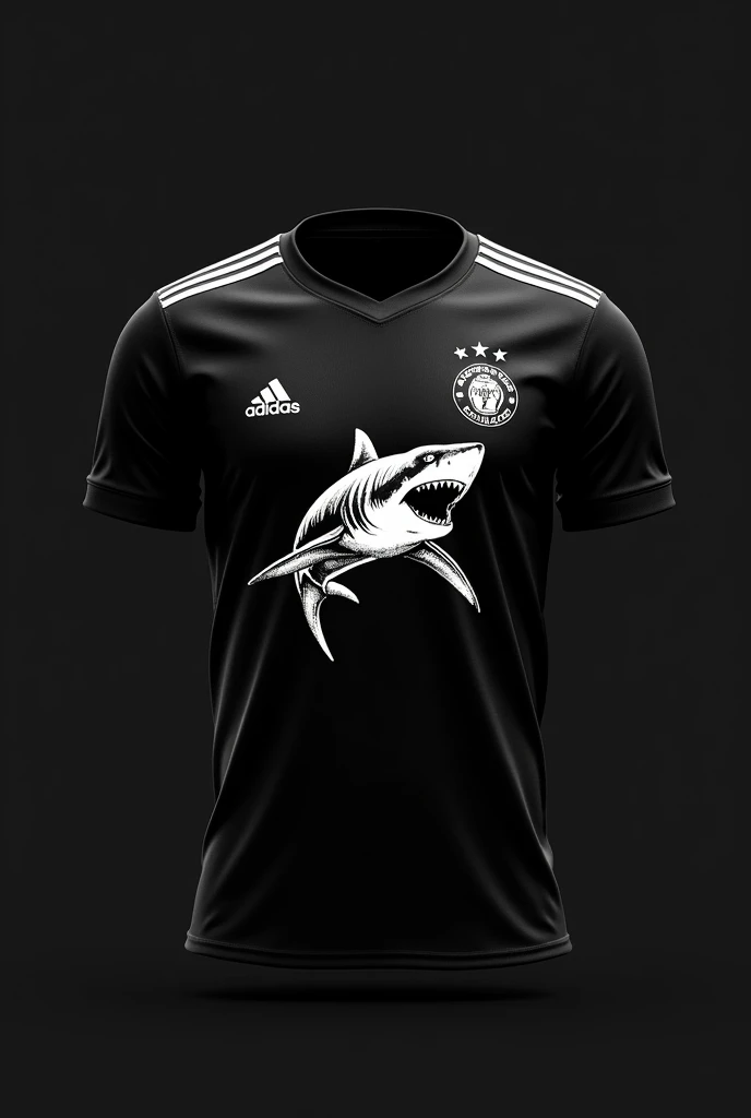 Create a black soccer shirt with a WHITE SHARK and adidas stuff using only black and white
