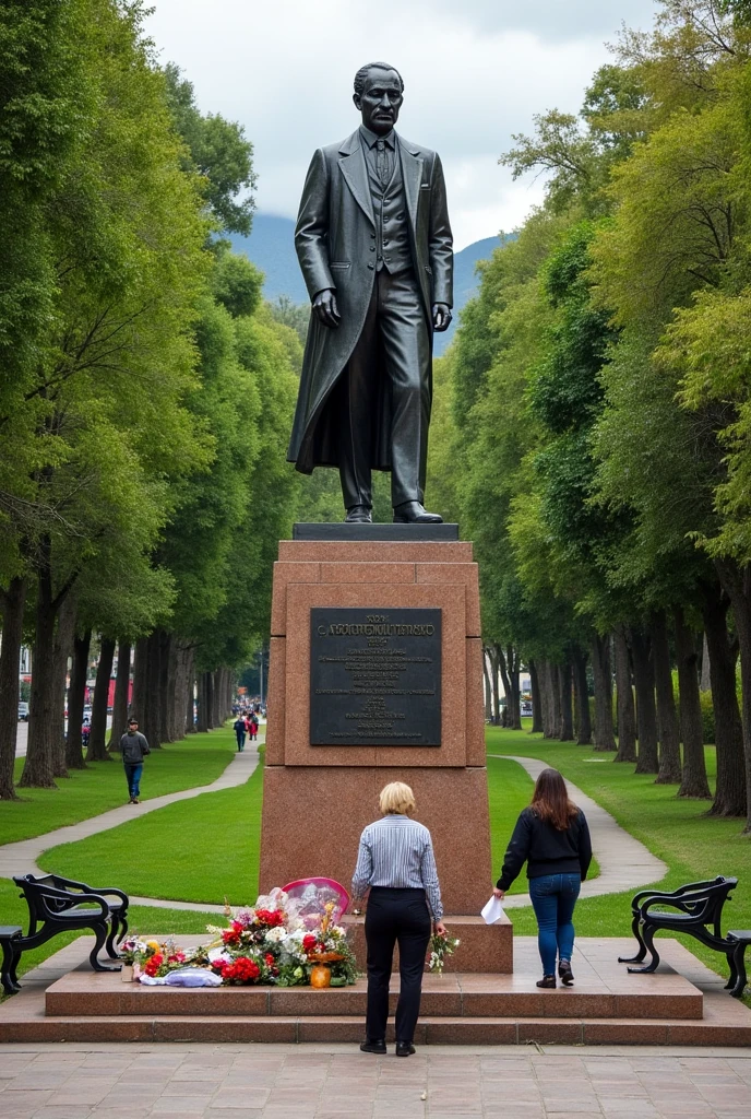 A statue of Jose Gregorio Paz Soldán in a park in Arequipa, with people leaving flowers in his memory.