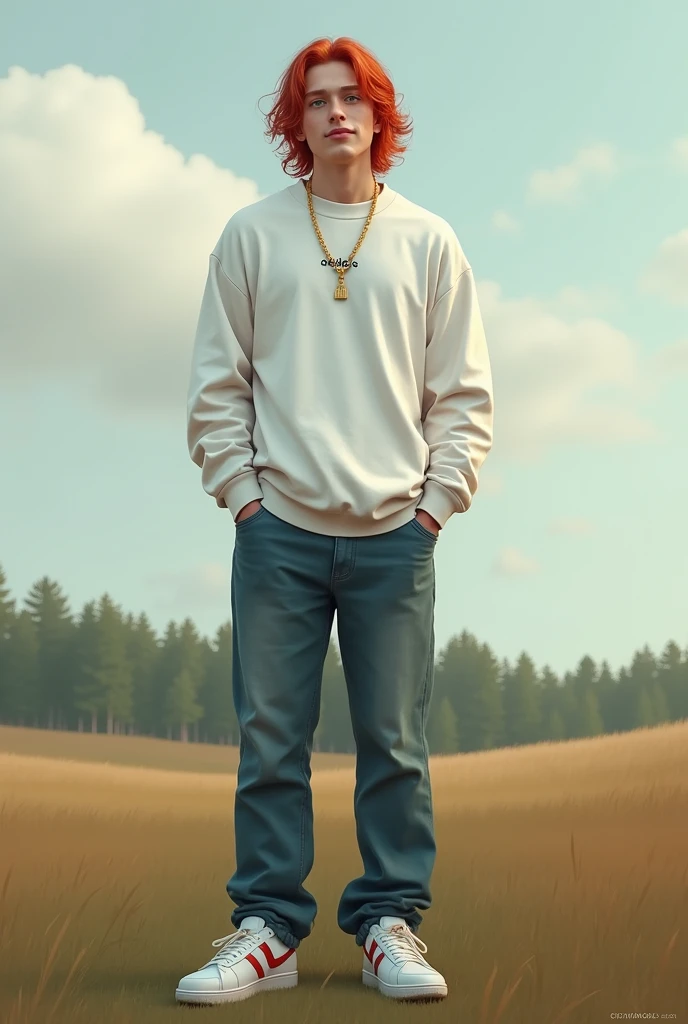 Make a young Germanic man with a slightly Asian appearance, He's a redhead, reddish, long hair, with green eyes, albino, he is 32 years old, He has 1,83 His appearance is robust and slightly handsome, your physique is robust, he is very white, He is a little calm and can get a good laugh out of his friends, he is wearing a white Adidas sweatshirt, a pair of dumped jeans, and a Nike sneaker, next to him a gold chain around his neck, he is in an open field a little cloudy without rain, with a slight smile on your face, photo realistic image.