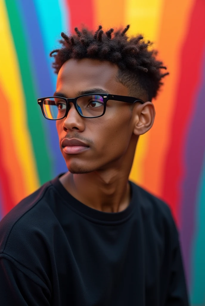 a young brown man with light skin, shaven, Scrawny, with short curly hair, wearing glasses, with a black sweatshirt, large nose, a serious expression and a rainbow lgbt background