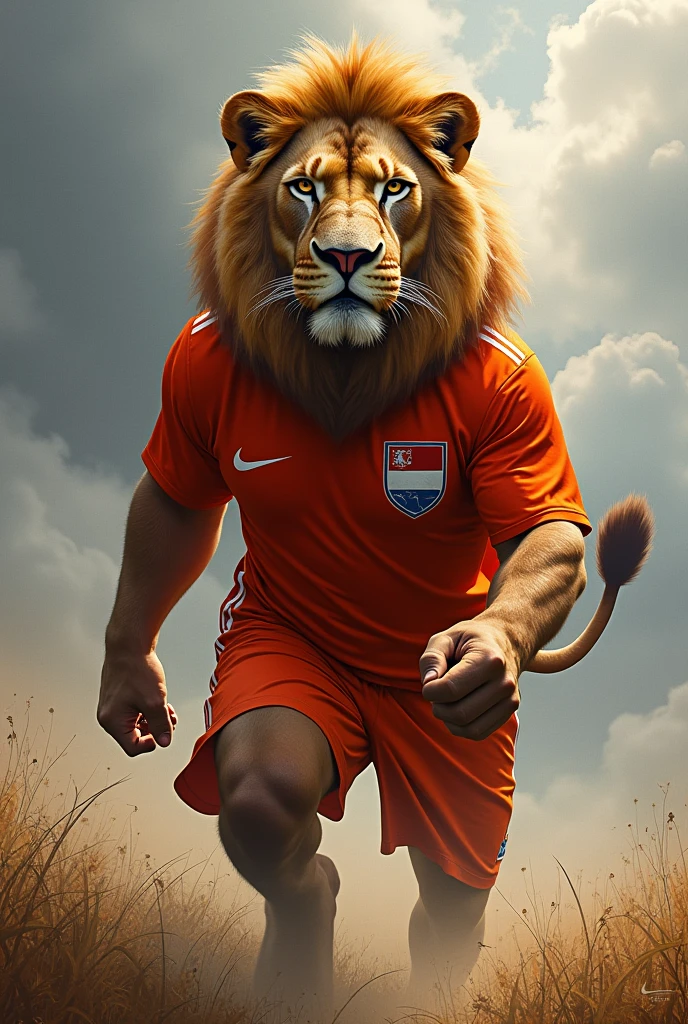 Create me an extremely strong and brave lion with the Dutch shirt completely orange in drawing